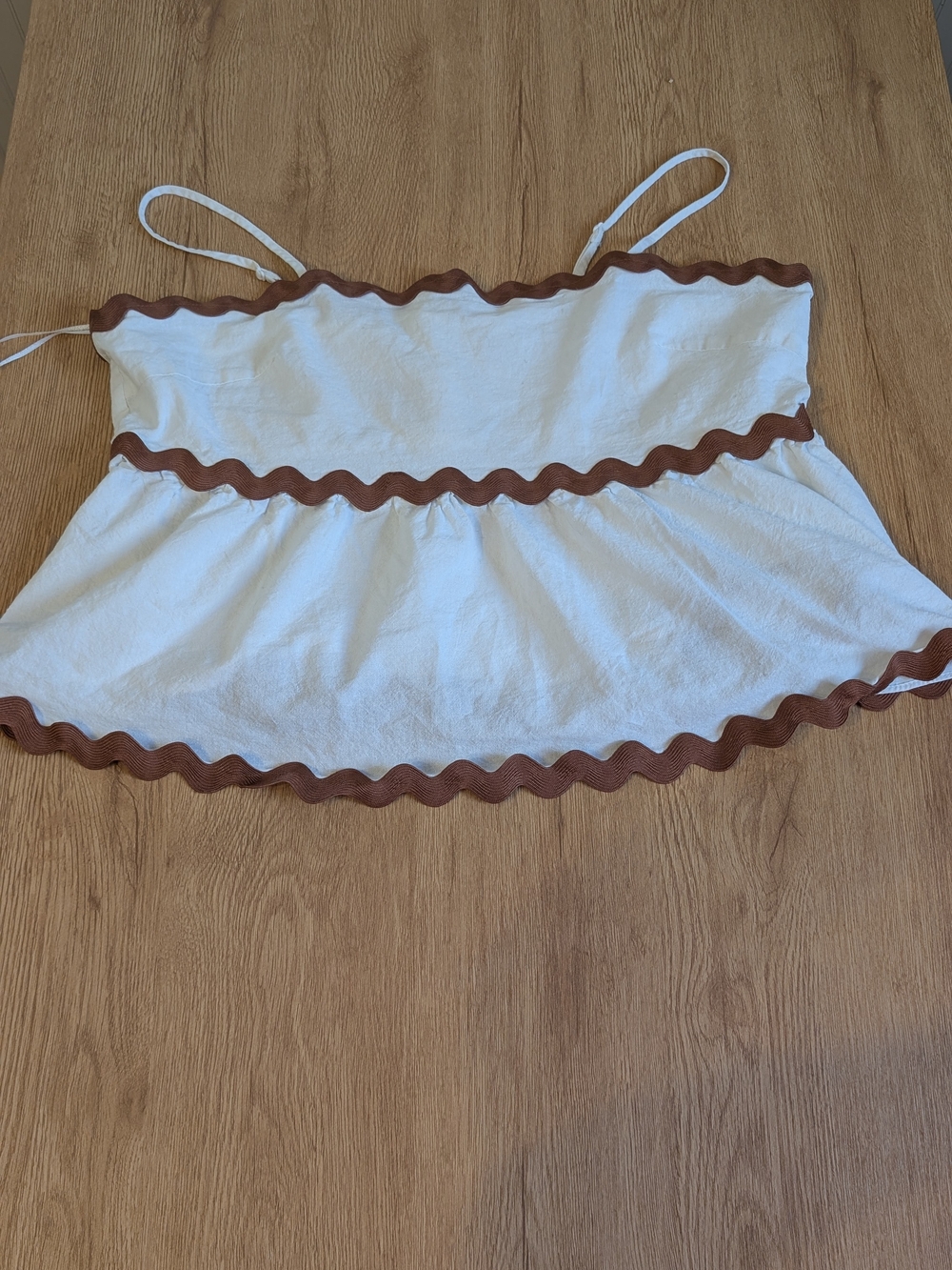 Petal & Pup White Spaghetti Strap Tank with Brown Rickrack Trim